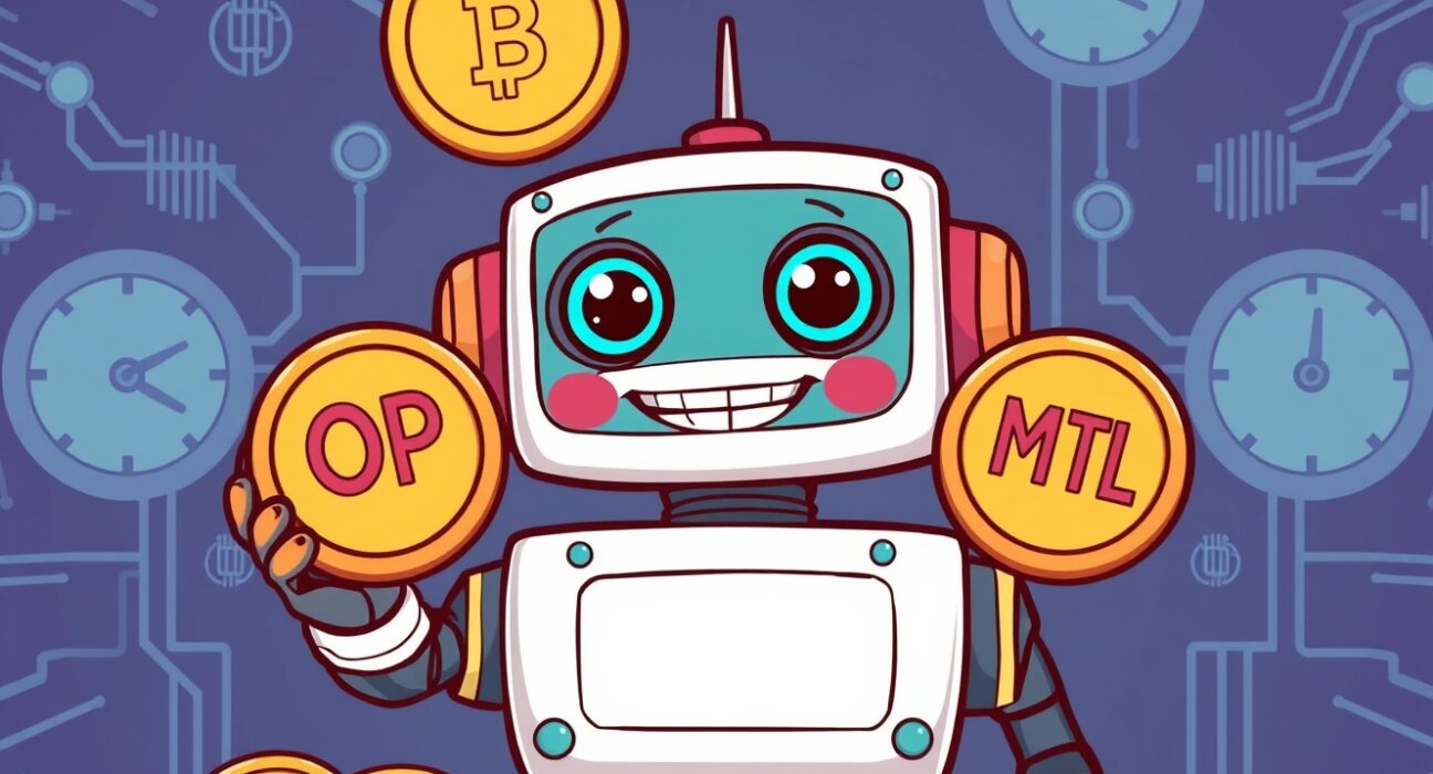Binance temporarily suspends OP and MTL tokens for network upgrades in a vibrant cartoon scene.
