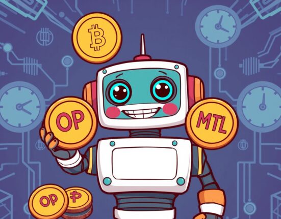 Binance temporarily suspends OP and MTL tokens for network upgrades in a vibrant cartoon scene.