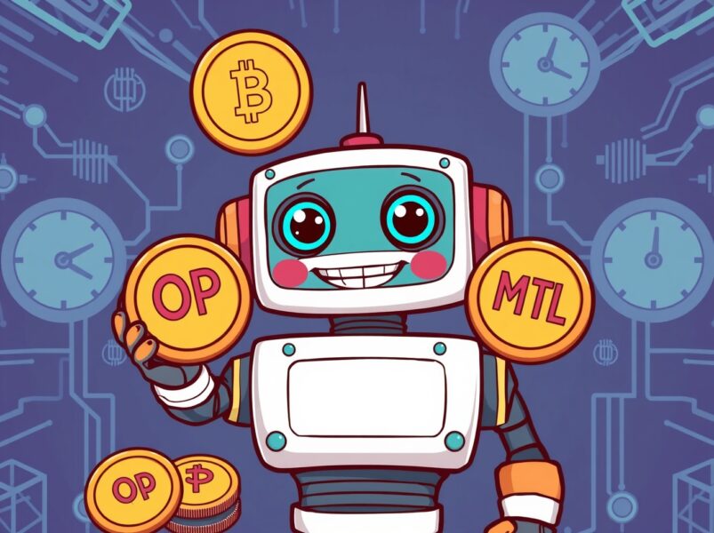 Binance temporarily suspends OP and MTL tokens for network upgrades in a vibrant cartoon scene.