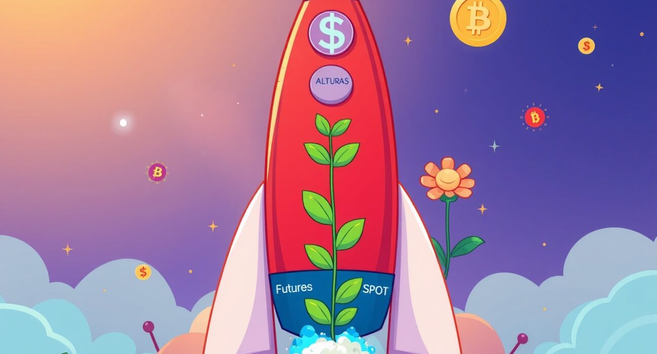 Binance listing system visualized as a three-stage rocket launching cryptocurrency projects to success
