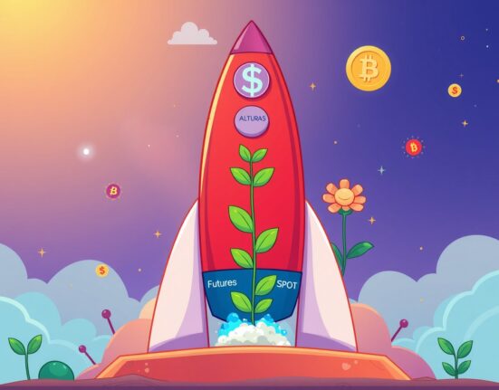 Binance listing system visualized as a three-stage rocket launching cryptocurrency projects to success