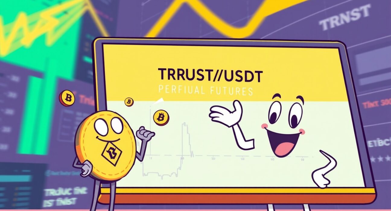 A cartoon illustration showing the excitement of trading TRUST perpetual futures on Binance, highlighting leverage and new opportunities.