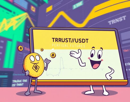 A cartoon illustration showing the excitement of trading TRUST perpetual futures on Binance, highlighting leverage and new opportunities.