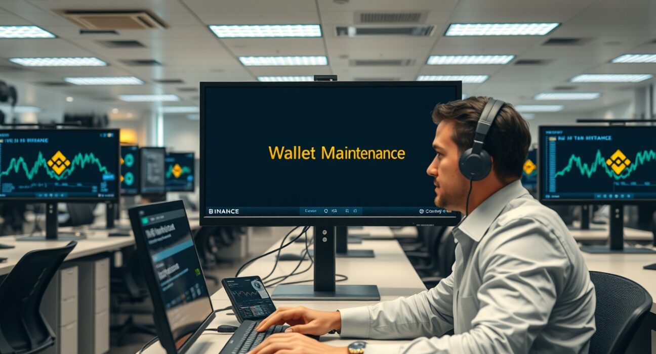 Binance exchange technician performing Tron wallet maintenance on monitors showing TRX network charts