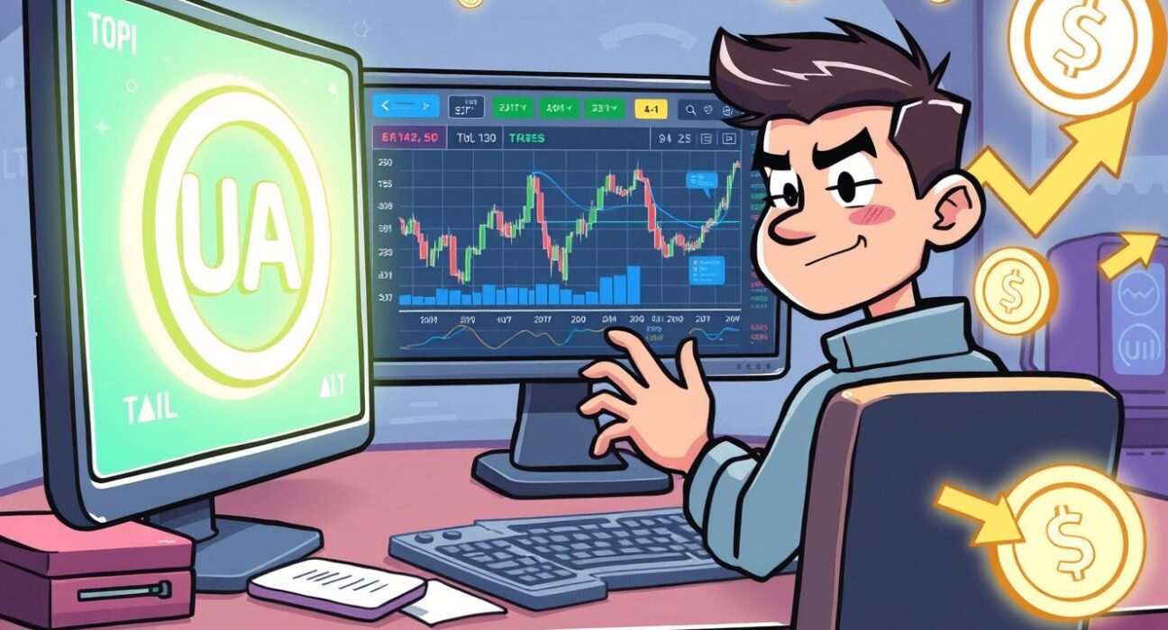Cartoon illustration of a trader interacting with a screen displaying UAI perpetual futures charts, symbolizing new trading opportunities.