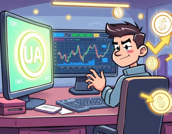 Cartoon illustration of a trader interacting with a screen displaying UAI perpetual futures charts, symbolizing new trading opportunities.