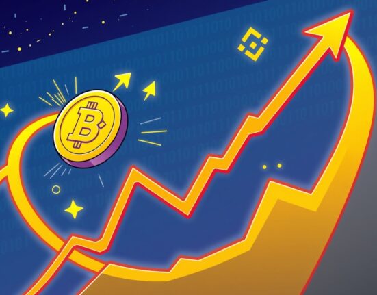 A cartoon illustration showing digital charts and the UB perpetual futures symbol, representing new trading opportunities on Binance.