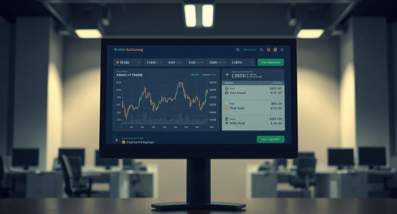 Cryptocurrency exchange dashboard on a monitor in a surveillance office, representing data sharing scrutiny