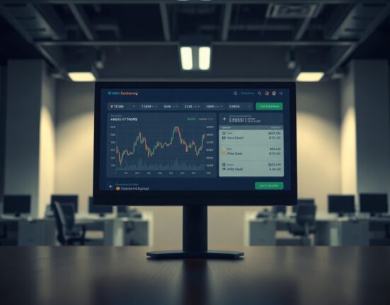 Cryptocurrency exchange dashboard on a monitor in a surveillance office, representing data sharing scrutiny