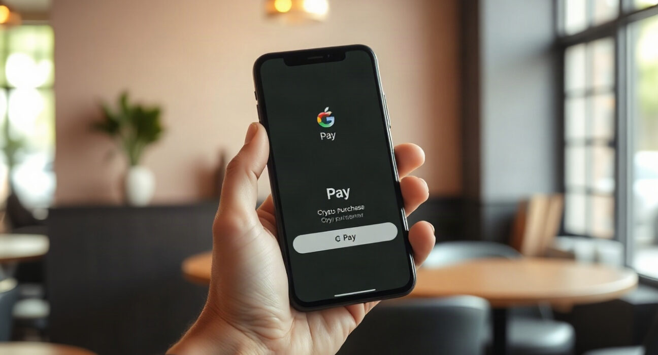 Smartphone showing Apple Pay and Google Pay options for a crypto purchase on Binance.US