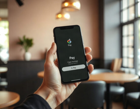 Smartphone showing Apple Pay and Google Pay options for a crypto purchase on Binance.US