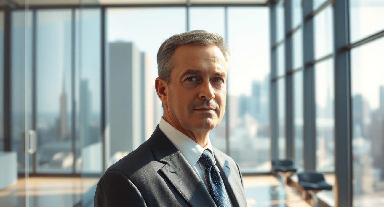 Binance.US CEO Stephen Gregory in a professional office setting, looking confident and determined.