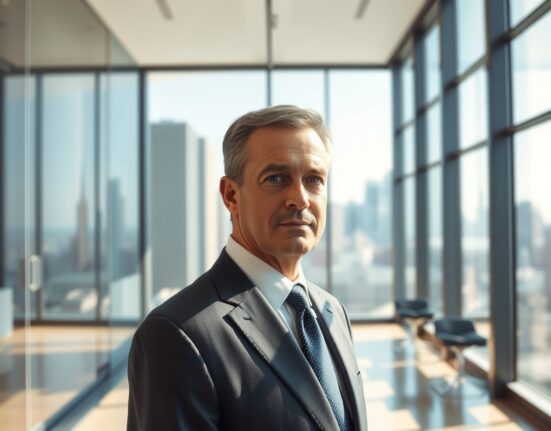 Binance.US CEO Stephen Gregory in a professional office setting, looking confident and determined.