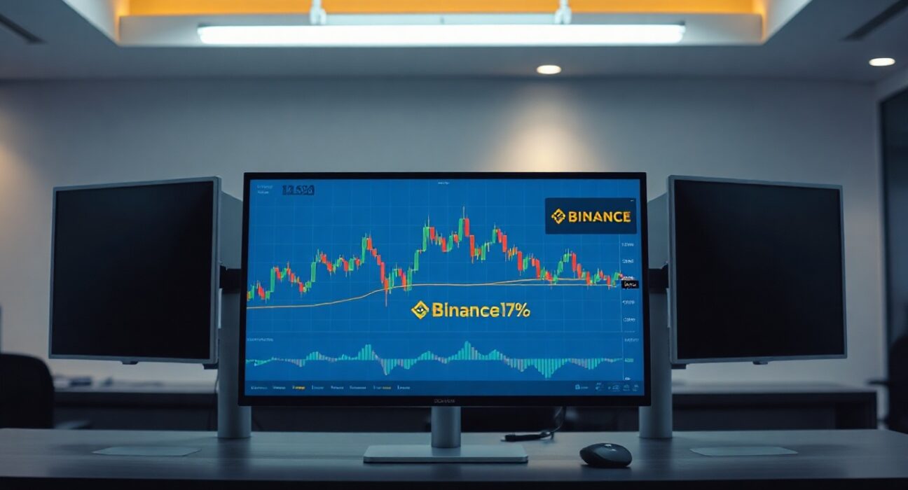 Trading desk monitors showing Binance stock token charts and volume data