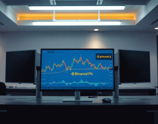 Trading desk monitors showing Binance stock token charts and volume data