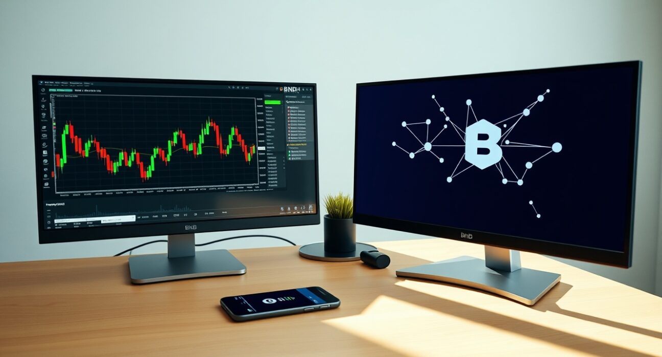 Financial trading desk with stock charts and a smartphone showing a crypto wallet interface.