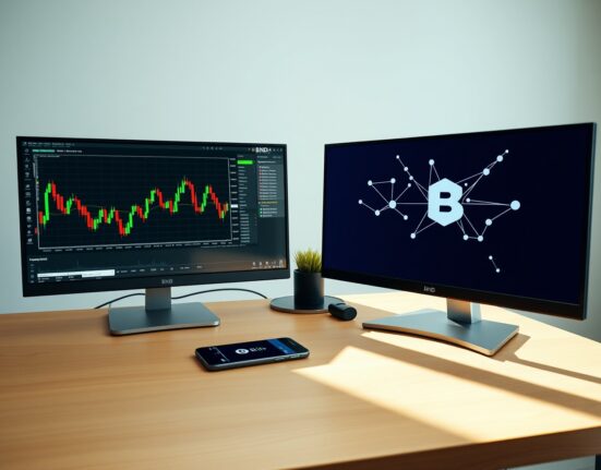 Financial trading desk with stock charts and a smartphone showing a crypto wallet interface.