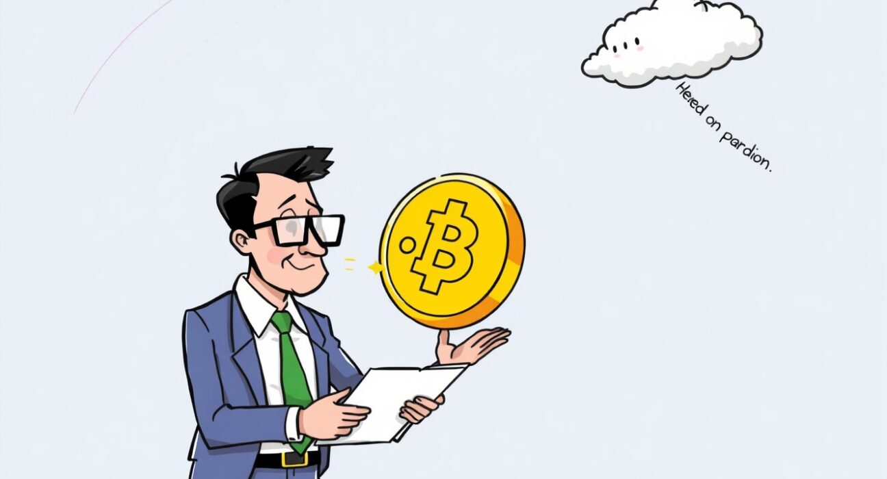 Cartoon showing Binance.US independently processing a USD1 listing, emphasizing its separation from external political events.