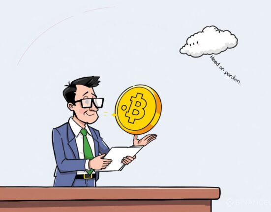 Cartoon showing Binance.US independently processing a USD1 listing, emphasizing its separation from external political events.