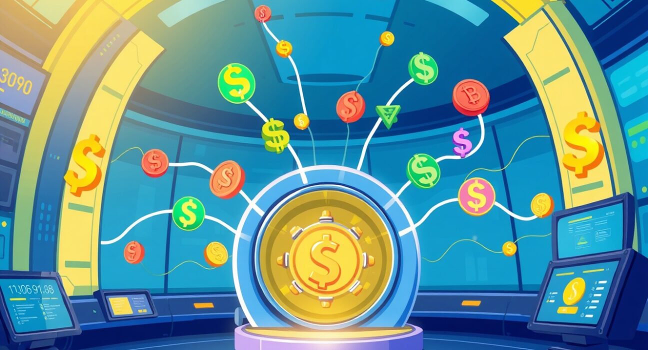 Binance USD1 joint margin asset integration shown through vibrant cartoon trading interface with connected currency symbols