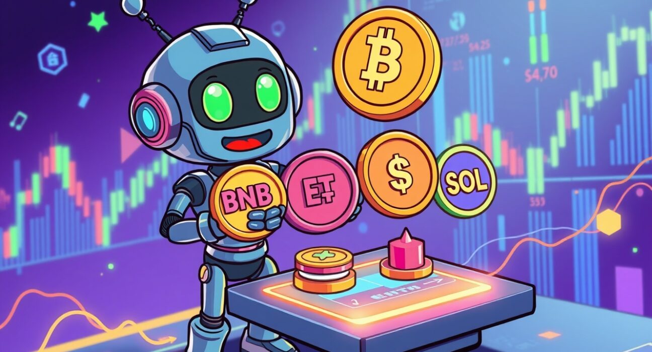 A vibrant cartoon illustration showing Binance USD1 spot pairs for BNB, ETH, and SOL on a digital trading interface.
