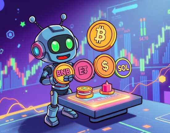 A vibrant cartoon illustration showing Binance USD1 spot pairs for BNB, ETH, and SOL on a digital trading interface.