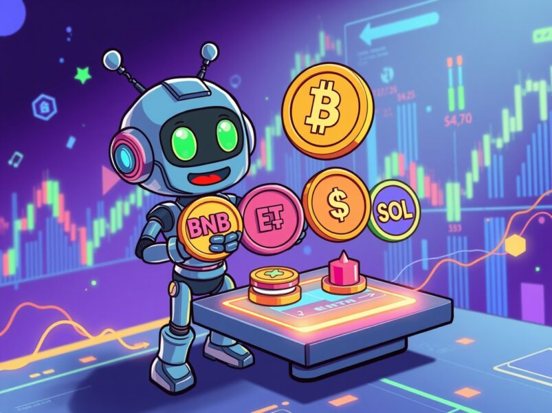 A vibrant cartoon illustration showing Binance USD1 spot pairs for BNB, ETH, and SOL on a digital trading interface.
