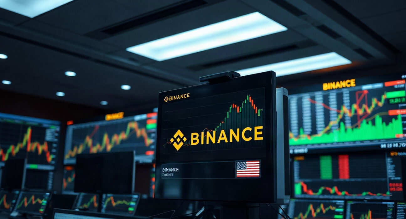Binance trading interface on a large screen showing upward charts in a professional trading room