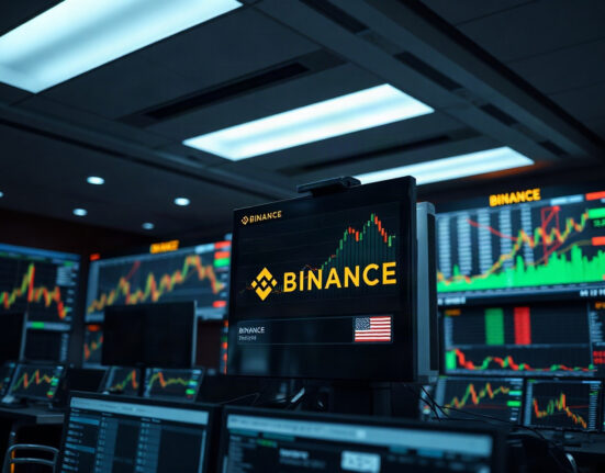 Binance trading interface on a large screen showing upward charts in a professional trading room