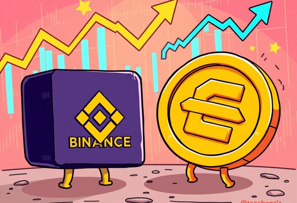 Cartoon illustration showing the excitement around the Binance USDe listing, with logos and trading elements on a vibrant background.