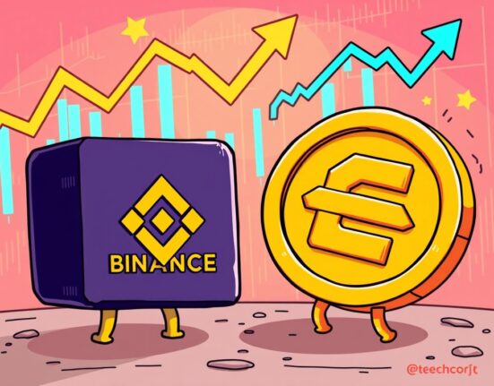 Cartoon illustration showing the excitement around the Binance USDe listing, with logos and trading elements on a vibrant background.