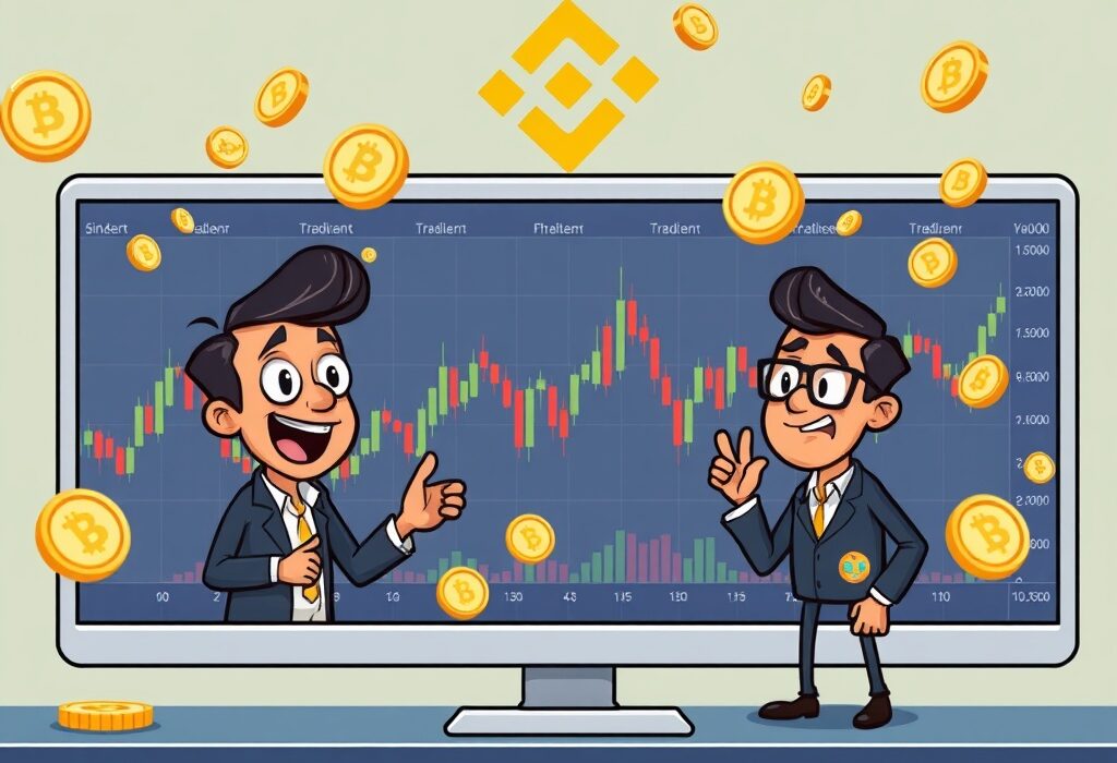 Cartoon illustration showing traders actively engaged in USDE margin trading on Binance, highlighting new opportunities.
