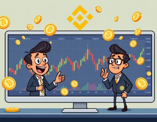 Cartoon illustration showing traders actively engaged in USDE margin trading on Binance, highlighting new opportunities.