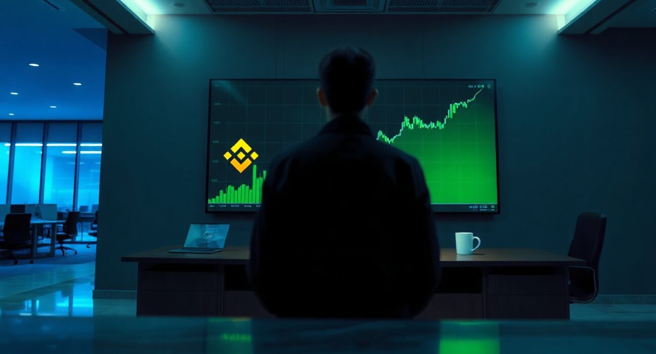 Binance trading floor with digital screen showing green chart and USDT inflow data