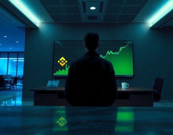 Binance trading floor with digital screen showing green chart and USDT inflow data