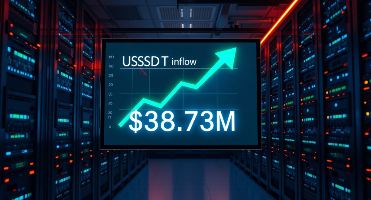 Digital display in a server room showing a chart with an upward arrow and USDT inflow data.