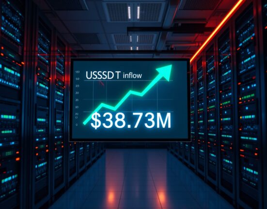 Digital display in a server room showing a chart with an upward arrow and USDT inflow data.