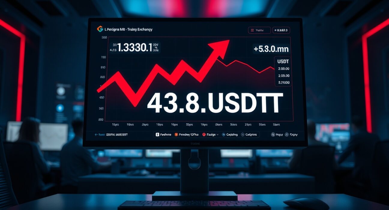 Cryptocurrency exchange dashboard showing a $43.8 million USDT net outflow on a monitor in a trading office.
