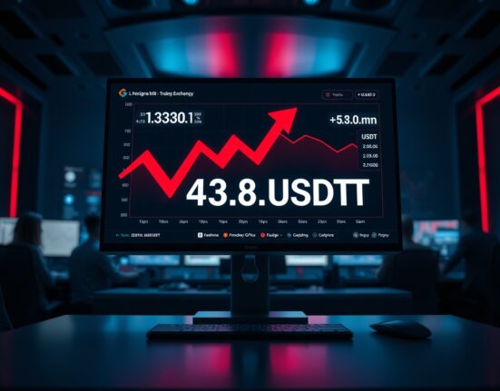 Cryptocurrency exchange dashboard showing a $43.8 million USDT net outflow on a monitor in a trading office.