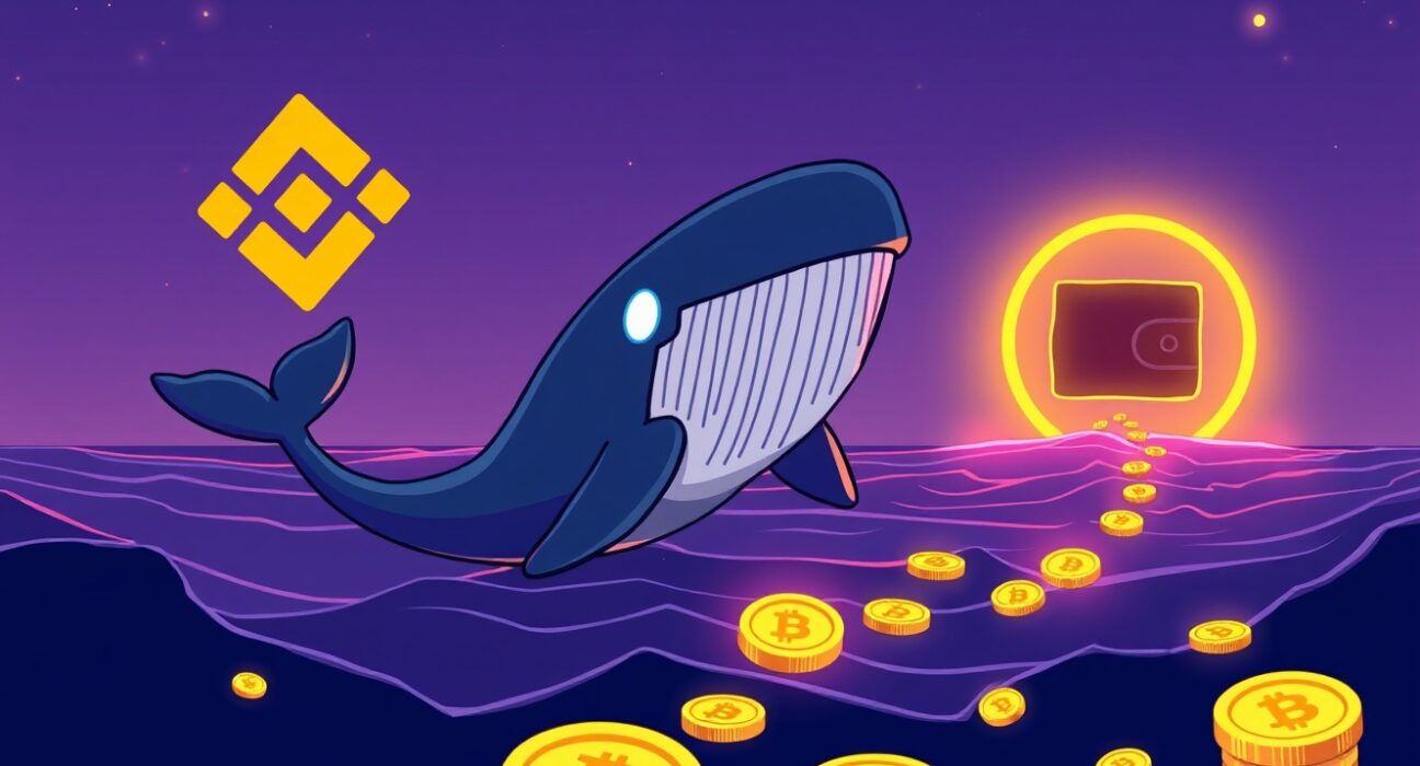 Cartoon whale moving a massive USDT transfer from Binance, highlighting the mystery of the destination wallet.