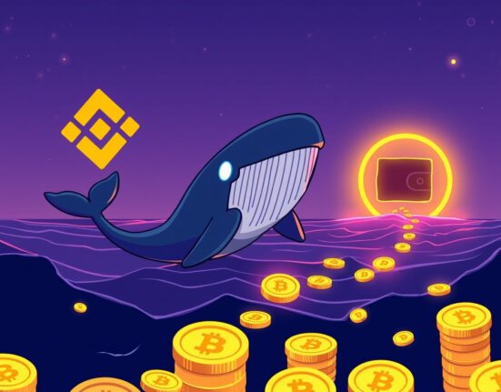 Cartoon whale moving a massive USDT transfer from Binance, highlighting the mystery of the destination wallet.