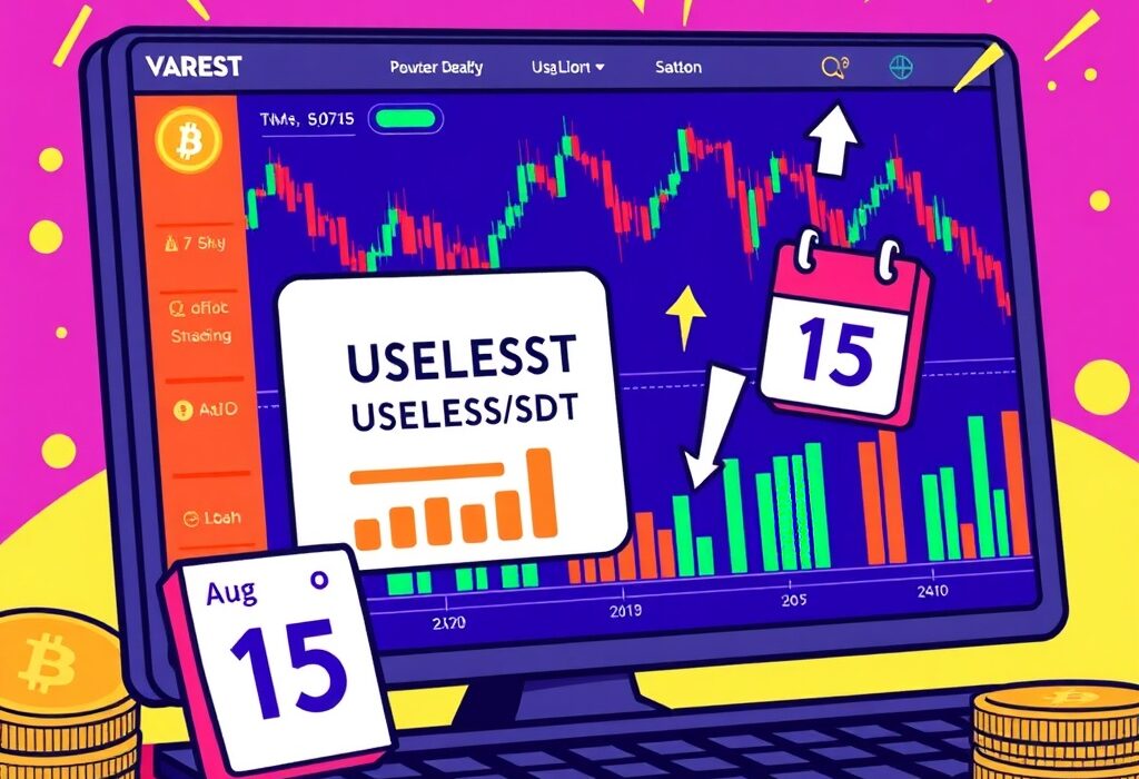 A cartoon illustration depicting the excitement around Binance's new USELESS/USDT perpetual contract listing and crypto leverage trading opportunities.