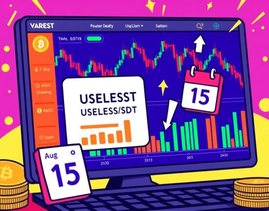 A cartoon illustration depicting the excitement around Binance's new USELESS/USDT perpetual contract listing and crypto leverage trading opportunities.