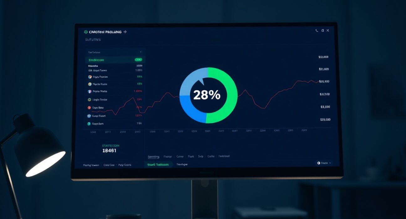 Cryptocurrency trading screen showing a pie chart with 28% stablecoin allocation on Binance