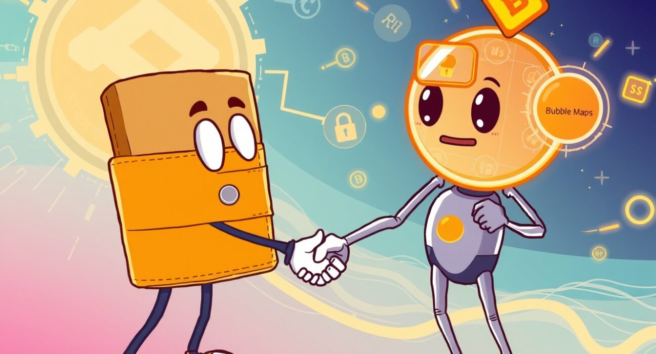 Cartoon illustration showing Binance Wallet collaborating with Bubble Maps to detect market manipulation and enhance crypto security.