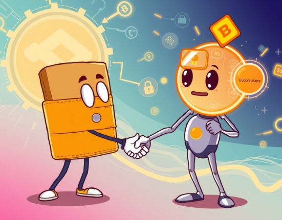 Cartoon illustration showing Binance Wallet collaborating with Bubble Maps to detect market manipulation and enhance crypto security.