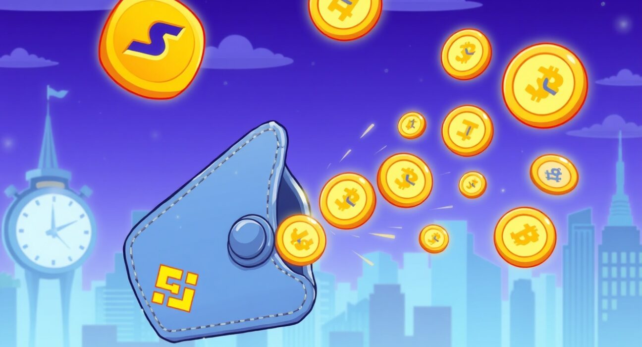 A cartoon illustration of a digital wallet launching JOJO tokens, symbolizing the upcoming Binance Wallet JOJO TGE.