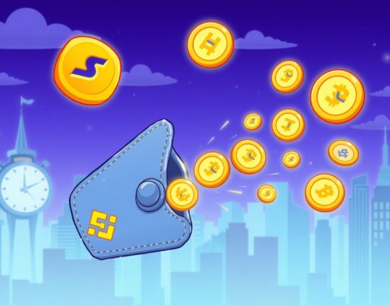 A cartoon illustration of a digital wallet launching JOJO tokens, symbolizing the upcoming Binance Wallet JOJO TGE.