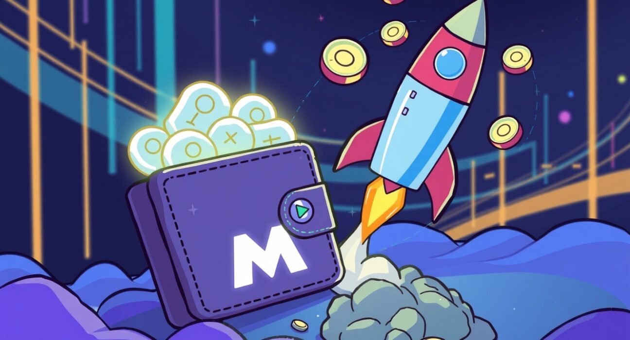 A cartoon rocket launching from a glowing digital wallet, representing the exciting Momentum (MMT) pre-TGE Prime sale opportunity from Binance Wallet.