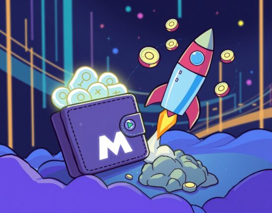 A cartoon rocket launching from a glowing digital wallet, representing the exciting Momentum (MMT) pre-TGE Prime sale opportunity from Binance Wallet.